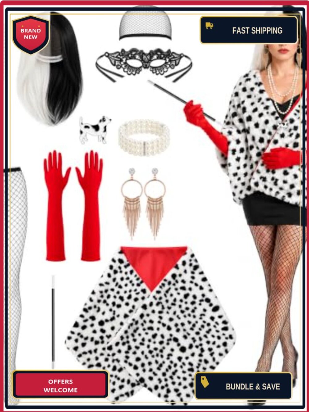 10 Piece Dalmatian Villain Costume Shawl Set for Women Cosplay